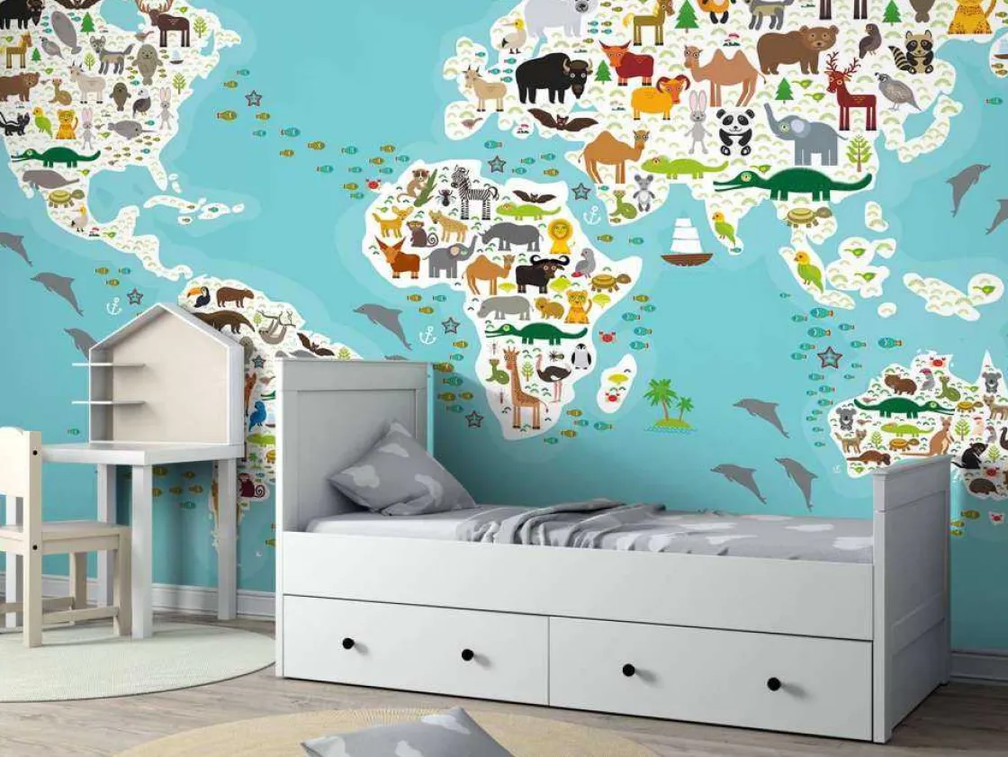 wereldkaard_met_dieren_fo_2.webp Discount Wereldkaard met dieren fotobehang Babykamer | Dieren