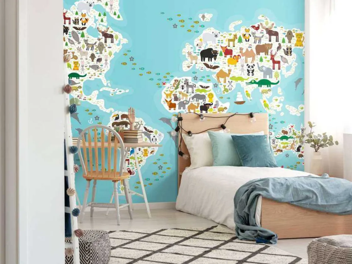 wereldkaard_met_dieren_fo_3.webp Discount Wereldkaard met dieren fotobehang Babykamer | Dieren