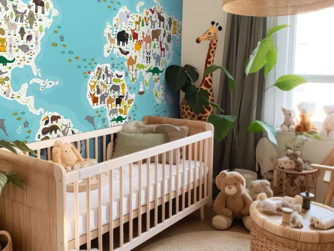 wereldkaard_met_dieren_fo_4.webp Discount Wereldkaard met dieren fotobehang Babykamer | Dieren