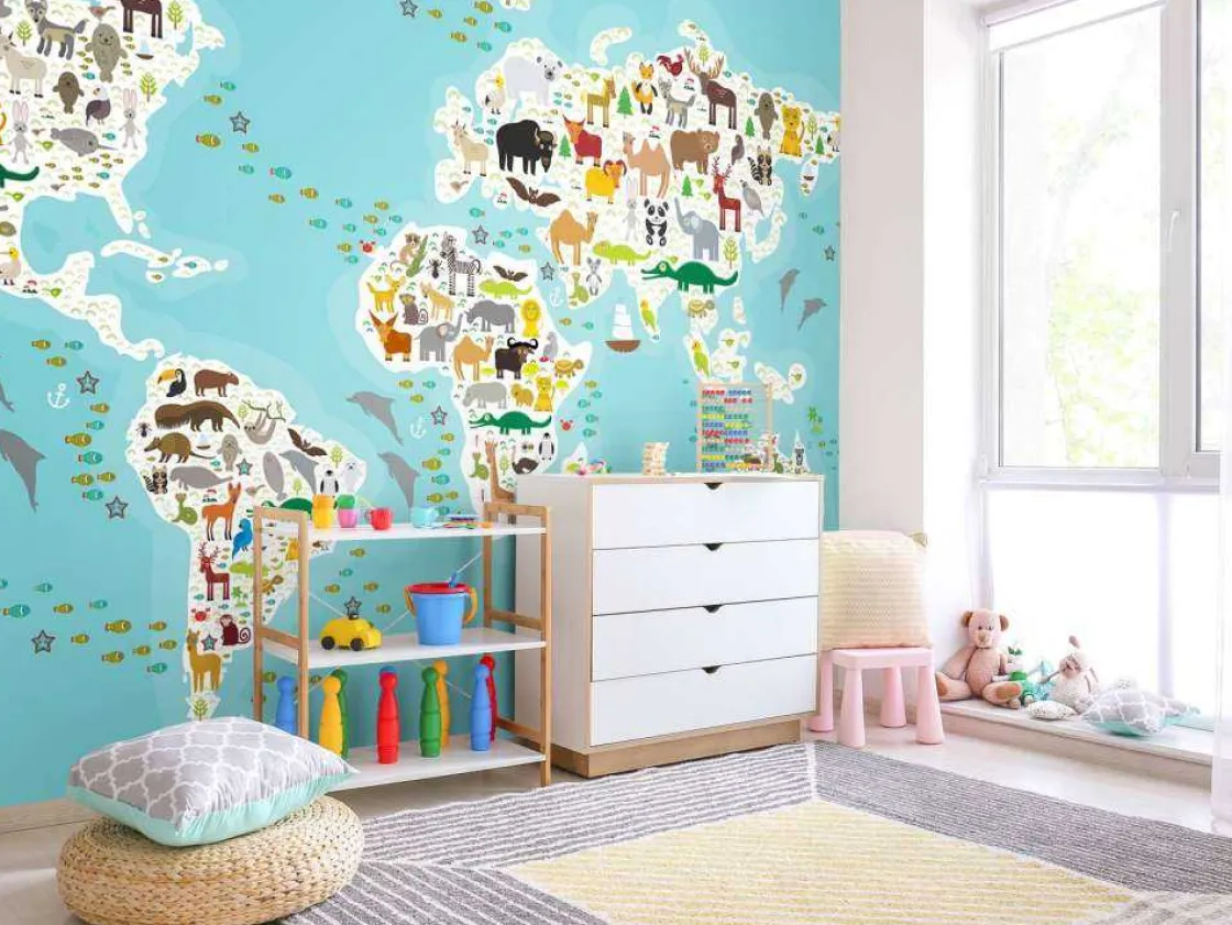 wereldkaard_met_dieren_fo_5.webp Discount Wereldkaard met dieren fotobehang Babykamer | Dieren