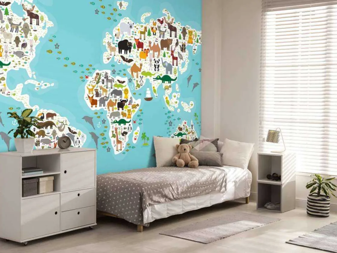 wereldkaard_met_dieren_fo_7.webp Discount Wereldkaard met dieren fotobehang Babykamer | Dieren