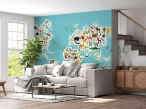 Discount Wereldkaard met dieren fotobehang Babykamer | Dieren