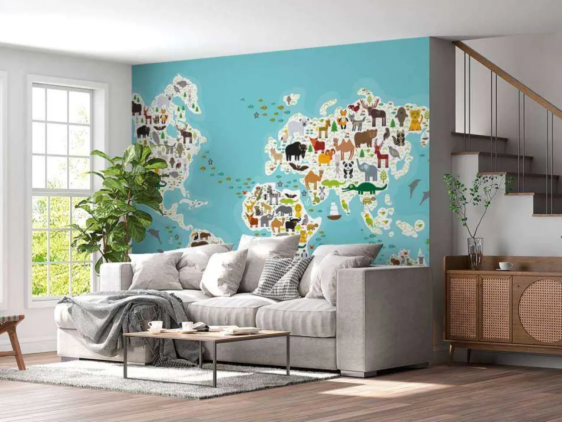 wereldkaard_met_dieren_fo_9.webp Discount Wereldkaard met dieren fotobehang Babykamer | Dieren