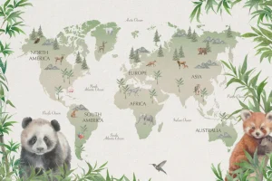 Fashion Wereldkaart met bamboe en panda's Kinderkamer