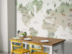 Fashion Wereldkaart met bamboe en panda's Kinderkamer
