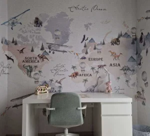 Online Wereldkaart met dino's Kinderkamer