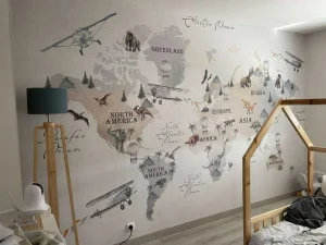 Online Wereldkaart met dino's Kinderkamer