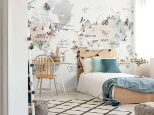 Online Wereldkaart met dino's Kinderkamer