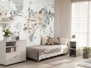 Online Wereldkaart met dino's Kinderkamer