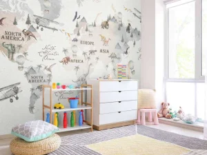 Online Wereldkaart met dino's Kinderkamer