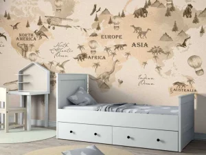 Discount Wereldkaart met dino's beige Kinderkamer