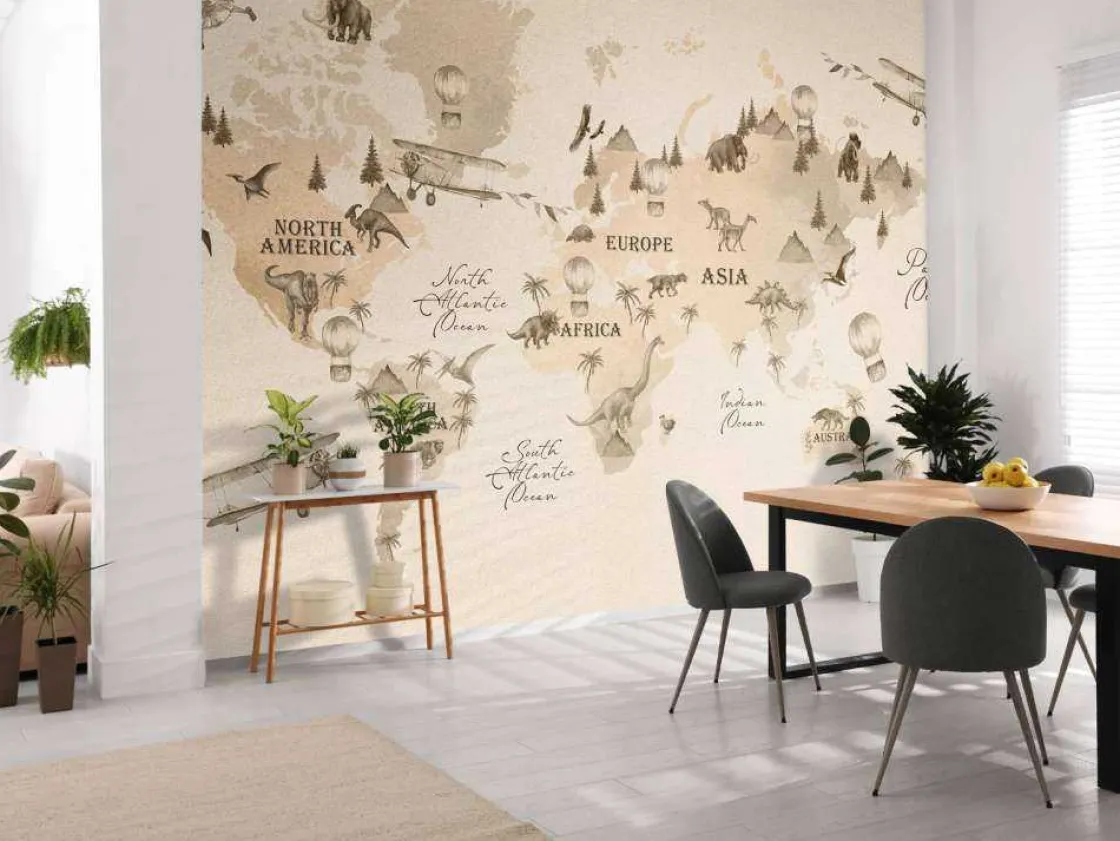 wereldkaart_met_dinos_bei_10.webp Discount Wereldkaart met dino's beige Kinderkamer
