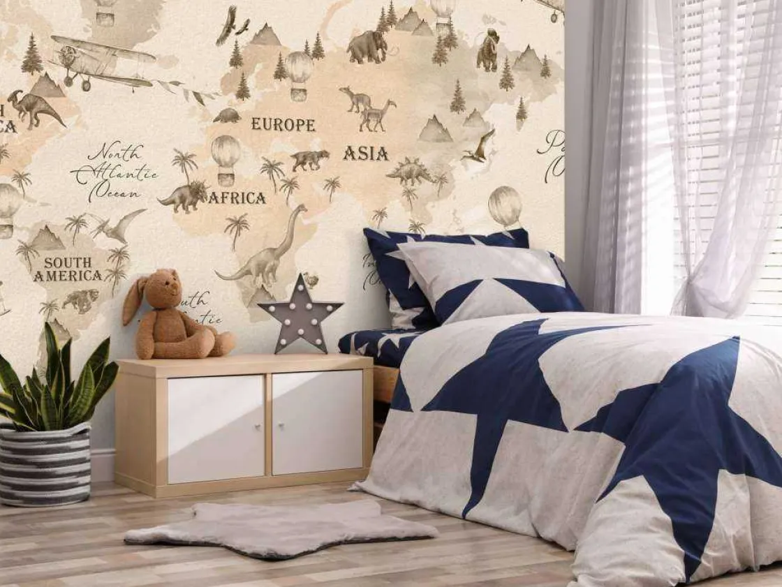 wereldkaart_met_dinos_bei_2.webp Discount Wereldkaart met dino's beige Kinderkamer