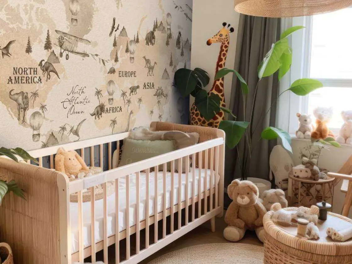 wereldkaart_met_dinos_bei_3.webp Discount Wereldkaart met dino's beige Kinderkamer