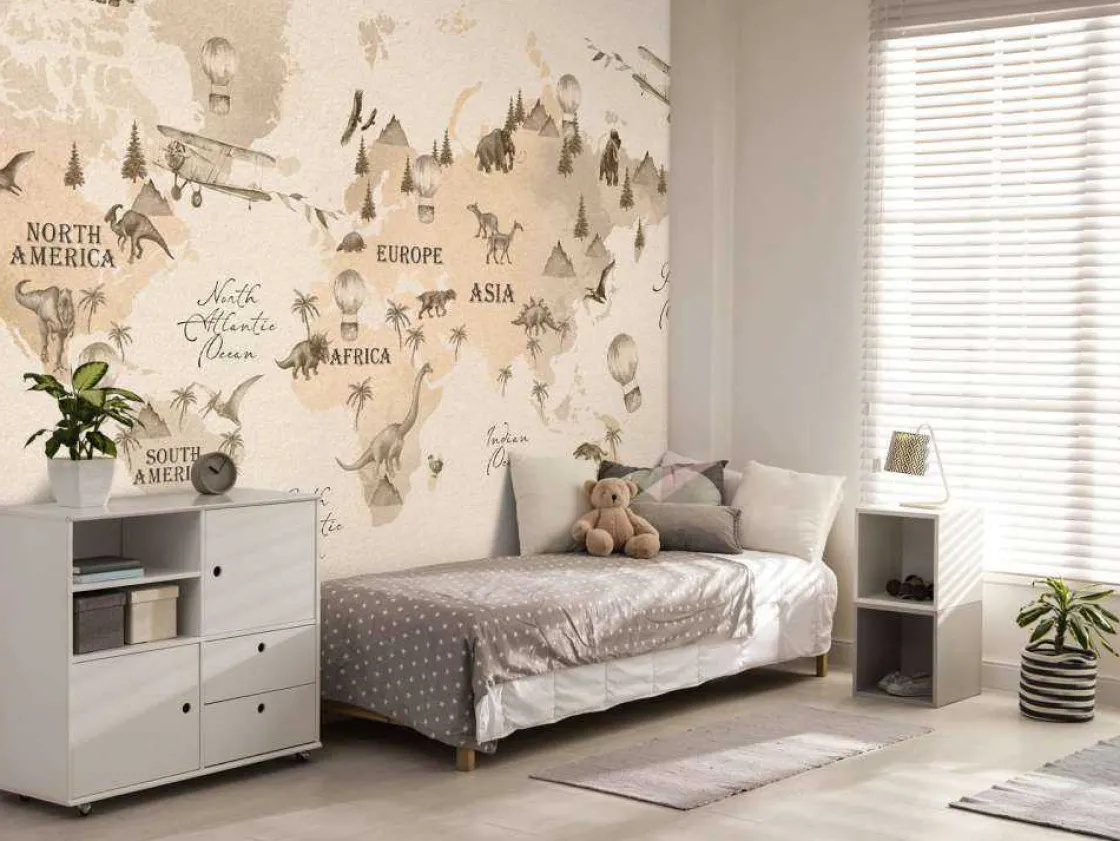 wereldkaart_met_dinos_bei_4.webp Discount Wereldkaart met dino's beige Kinderkamer