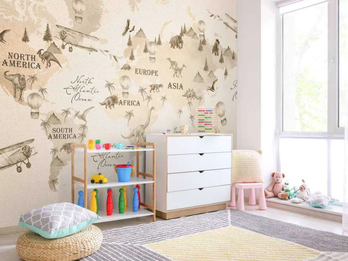 wereldkaart_met_dinos_bei_5.webp Discount Wereldkaart met dino's beige Kinderkamer
