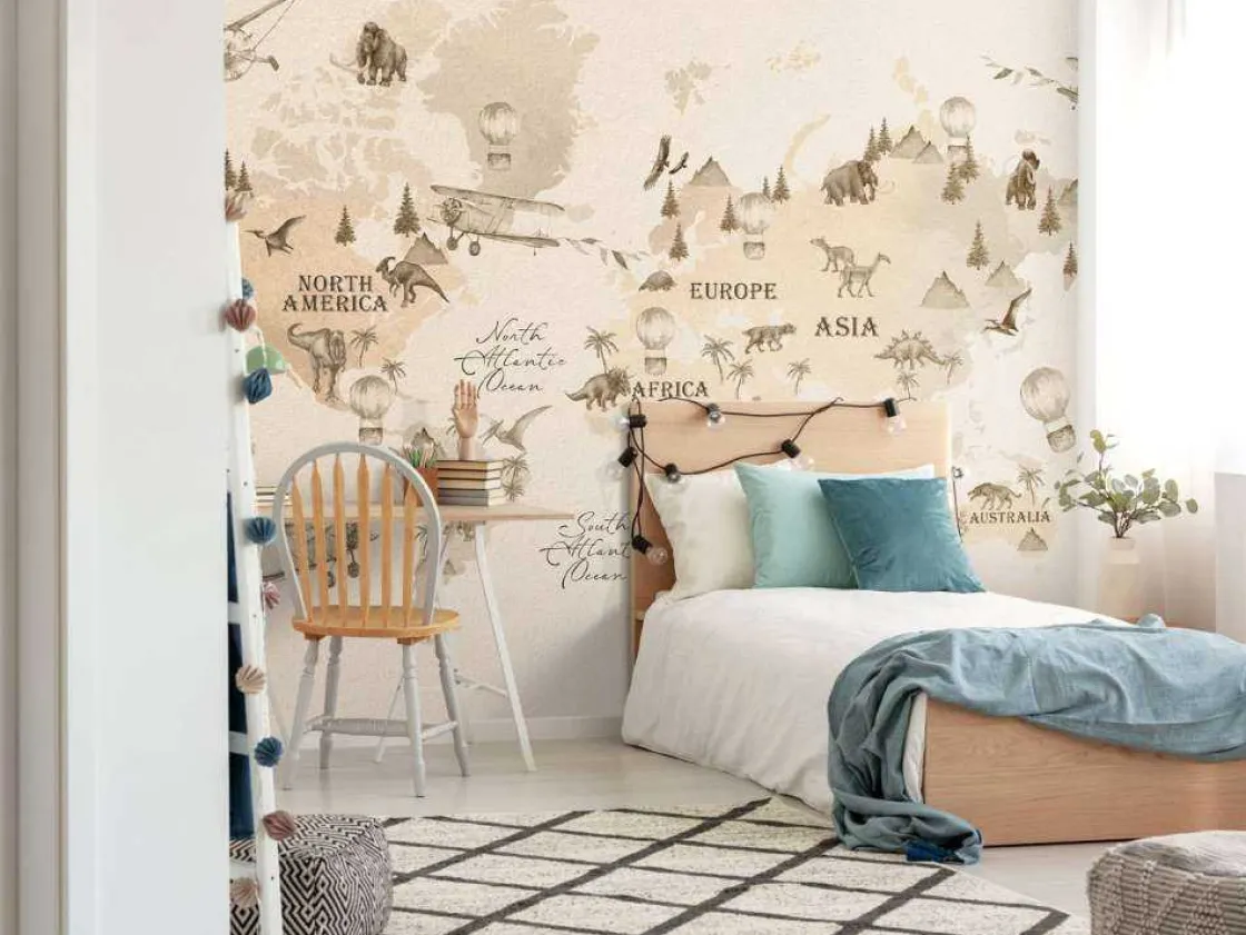 wereldkaart_met_dinos_bei_7.webp Discount Wereldkaart met dino's beige Kinderkamer