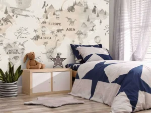 Discount Wereldkaart met dino's off-white Kinderkamer