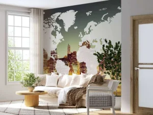 Outlet Wereldkaart met een stad op de achtergrond fotobehang Architectuur