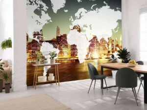 Outlet Wereldkaart met een stad op de achtergrond fotobehang Architectuur