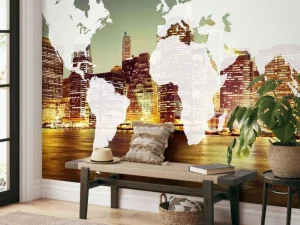 Outlet Wereldkaart met een stad op de achtergrond fotobehang Architectuur