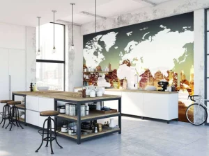 Outlet Wereldkaart met een stad op de achtergrond fotobehang Architectuur