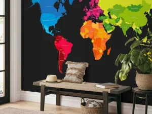 Online Wereldkaart met gekleurde continenten fotobehang Hobbykamer | Architectuur