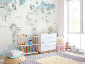 Hot Wereldkaart met golven en dieren Kinderkamer