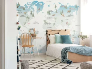 Hot Wereldkaart met golven en dieren Kinderkamer