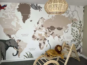 Outlet Wereldkaart met jungle dieren Kinderkamer