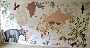 Outlet Wereldkaart met jungle dieren Kinderkamer