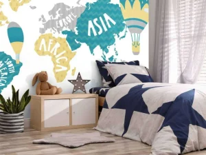 Clearance Wereldkaart met luchtballonnen fotobehang Kinderkamer | Babykamer
