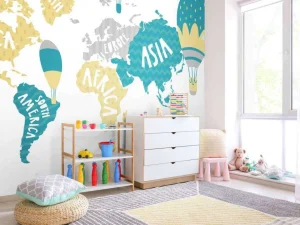 Clearance Wereldkaart met luchtballonnen fotobehang Kinderkamer | Babykamer
