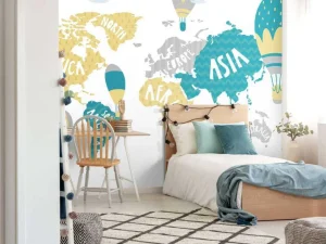 Clearance Wereldkaart met luchtballonnen fotobehang Kinderkamer | Babykamer