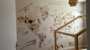 Fashion Wereldkaart met verschillende dieren beige Kinderkamer