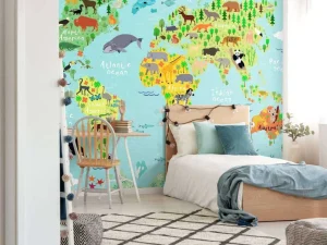 Hot Wereldkaart met verschillende diersoorten fotobehang Kinderkamer | Babykamer