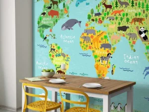 Hot Wereldkaart met verschillende diersoorten fotobehang Kinderkamer | Babykamer