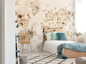 Fashion Wereldkaart met verschillende dieren beige Kinderkamer
