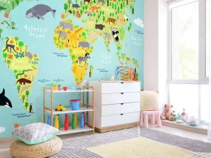 Hot Wereldkaart met verschillende diersoorten fotobehang Kinderkamer | Babykamer
