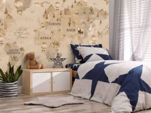 Online Wereldkaart met verschillende dieren taupe Kinderkamer
