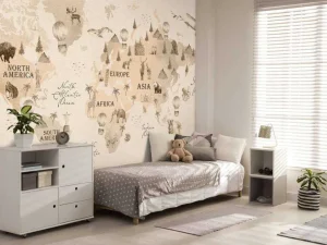 Fashion Wereldkaart met verschillende dieren beige Kinderkamer