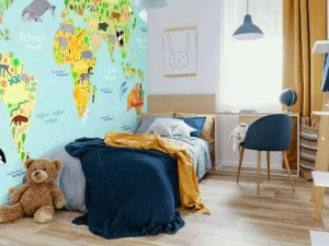Hot Wereldkaart met verschillende diersoorten fotobehang Kinderkamer | Babykamer