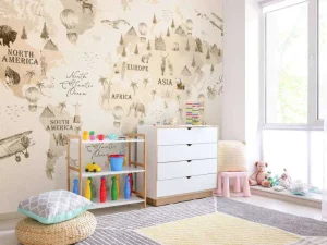 Fashion Wereldkaart met verschillende dieren beige Kinderkamer