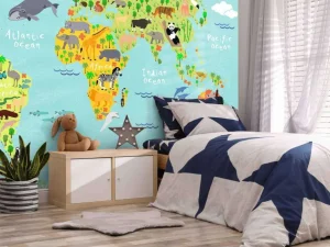 Hot Wereldkaart met verschillende diersoorten fotobehang Kinderkamer | Babykamer