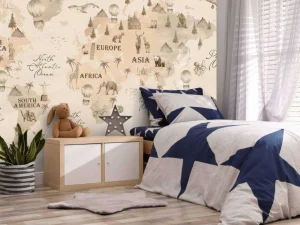 Fashion Wereldkaart met verschillende dieren beige Kinderkamer
