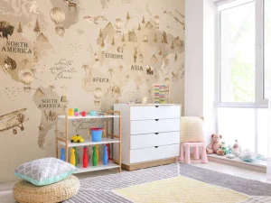 Online Wereldkaart met verschillende dieren taupe Kinderkamer