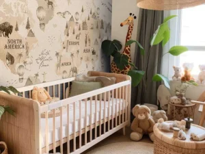 Fashion Wereldkaart met verschillende dieren beige Kinderkamer