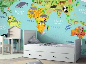Hot Wereldkaart met verschillende diersoorten fotobehang Kinderkamer | Babykamer