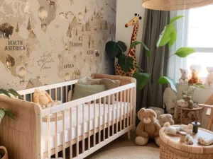 Online Wereldkaart met verschillende dieren taupe Kinderkamer