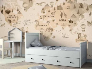 Fashion Wereldkaart met verschillende dieren beige Kinderkamer